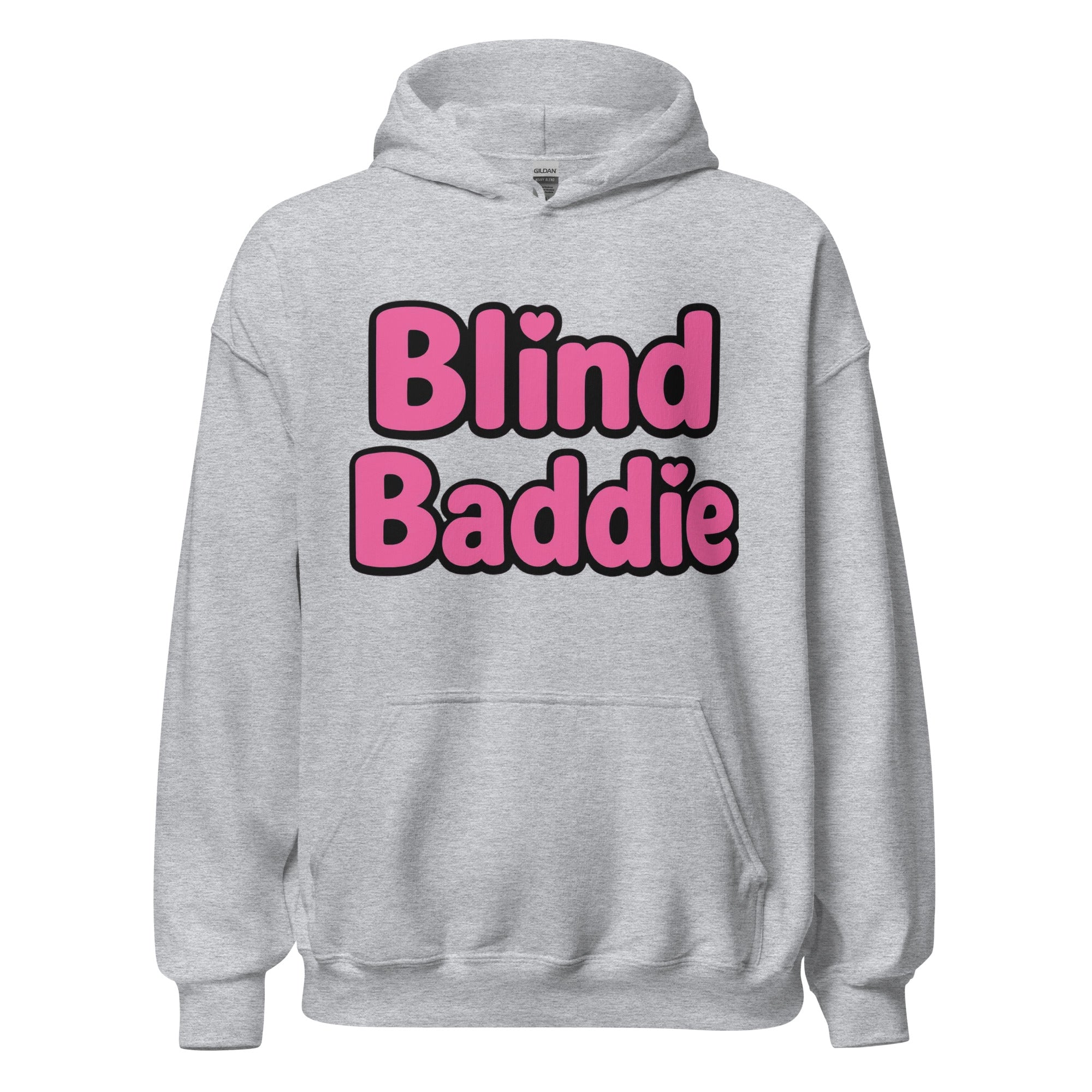 Gray hoodie with 'Blind Baddie' text in pink and black on a white background