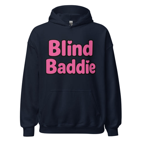 Navy Blue hoodie with pink text 'Blind Baddie' on a white background