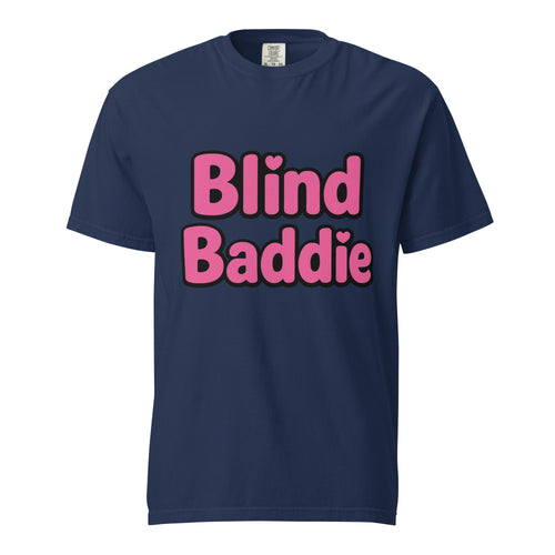 Navy blue t-shirt with pink text 'Blind Baddie' on a white background