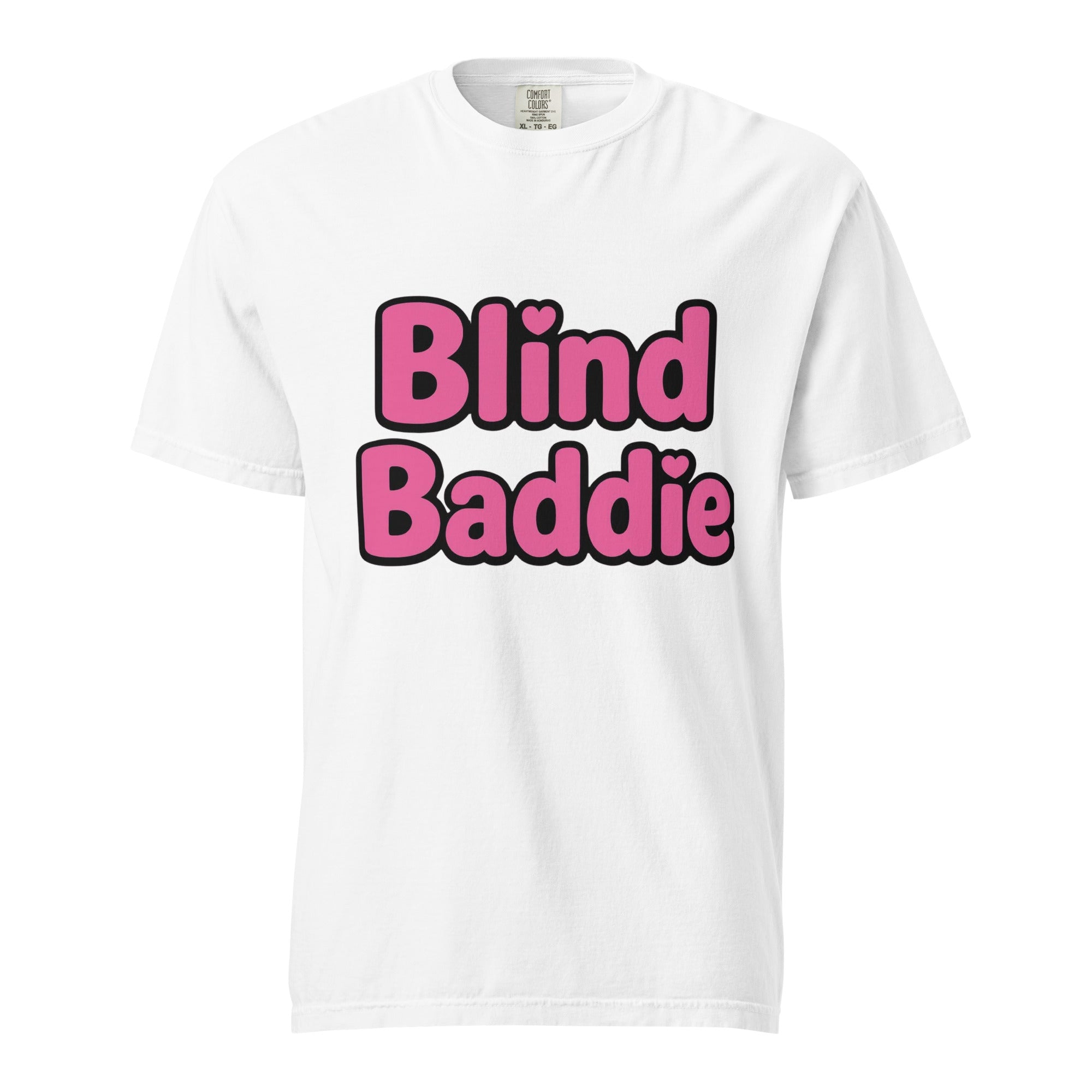 White t-shirt with 'Blind Baddie' text in pink on a white background