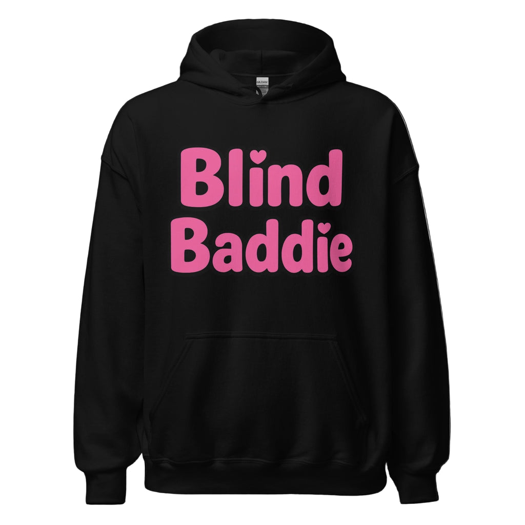 Black hoodie with pink text 'Blind Baddie' on a white background