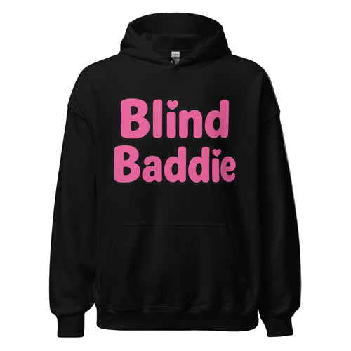 Black hoodie with pink text 'Blind Baddie' on a white background