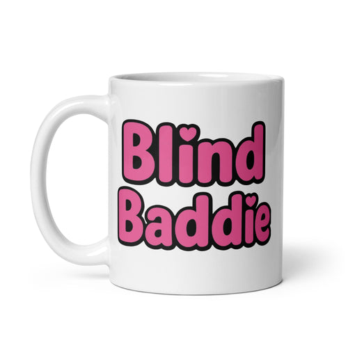 White mug with 'Blind Baddie' text in pink and black on a white background