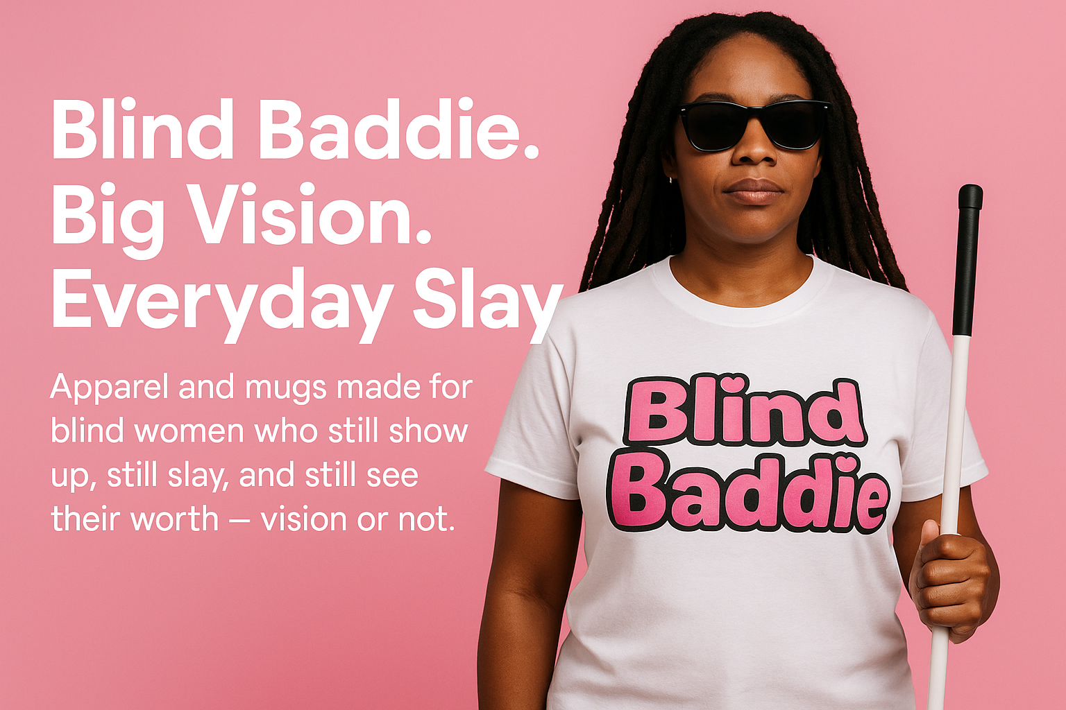 Blind Baddie.
Big Vision.
Everyday Slay
Apparel and mugs made for blind women who still show up still slay, and still see their worth - vision or not.